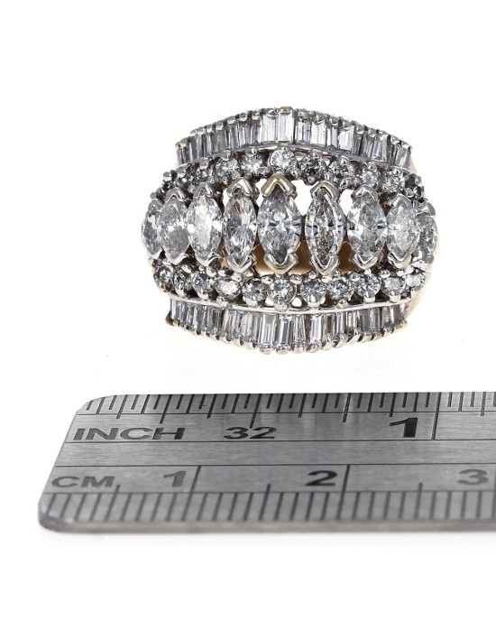 5 Row Marquise, Baguette and Round Diamond Rooftop Ring